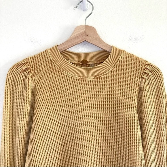 Free People One Tasha Thermal Waffle Knit Lace Up Puff Sleeve Top Dark Yellow XS - Picture 5 of 15